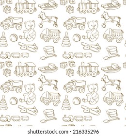 monochrome seamless pattern with line drawing baby toys, cars,bear,horse,ball, cubes, hand drawn vector illustration