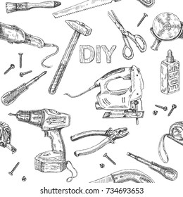 Monochrome seamless pattern made with tool kit DIY. Instruments sketch set.  Hand drawn fretsaw, turn-screw, angle grinder on white background.  