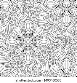 Monochrome Seamless Pattern with Mandala Motifs. Paisley Indian Endless Texture. Yoga, Meditation Design Element. Coloring Book Page, Art Therapy. Vector Contour Illustration