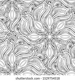 Monochrome Seamless Pattern with Mandala Motifs. Paisley Indian Endless Texture. Yoga, Meditation Design Element. Coloring Book Page, Art Therapy. Vector 3d Contour Illustration