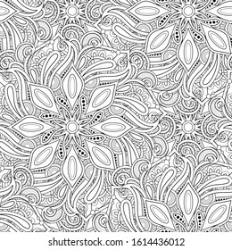 Monochrome Seamless Pattern with Mandala Motifs. Paisley Indian Endless Texture. Yoga, Meditation Design Element. Coloring Book Page, Art Therapy. Vector Contour Illustration