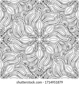 Monochrome Seamless Pattern with Mandala Motifs. Paisley Indian Endless Texture. Yoga, Meditation Design Element. Coloring Book Page, Art Therapy. Vector 3d Contour Illustration
