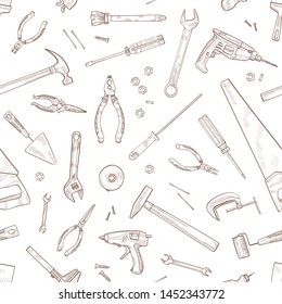 Monochrome seamless pattern with manual and powered tools for woodworking hand drawn with contour lines on white background. Backdrop with equipment for home repair. Realistic vector illustration.