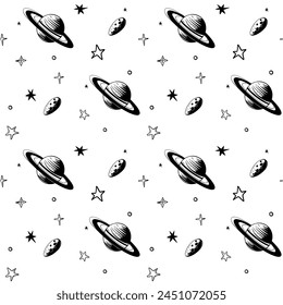 Monochrome seamless pattern with meteor and planet. Space background. Space elements.