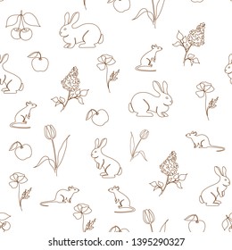 monochrome seamless pattern with mice, bunnies, apples, cherries, lilac and tulip flowers. Ecological theme. Continuous line art.