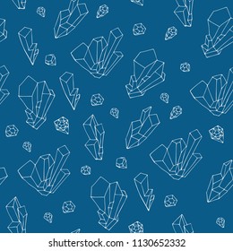 Monochrome seamless pattern with mineral crystals. Hand drawn white contour lines on blue background. Illustration for textile print