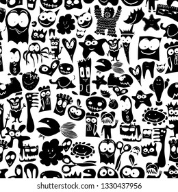 Monochrome seamless pattern with monsters.