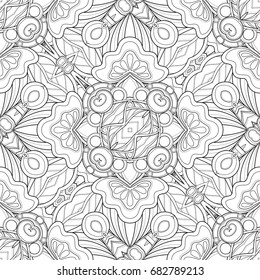 Monochrome Seamless Pattern with Mosaic Floral Motif. Endless Tribal Texture. Tile Background, Kaleidoscope. Coloring Book Page. Vector Contour Illustration. Abstract Mandala Art, Doodle Sketchy Style