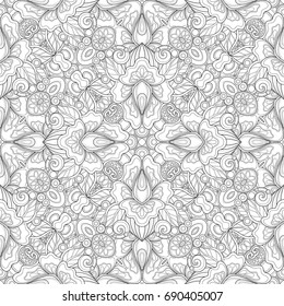 Monochrome Seamless Pattern with Mosaic Floral Motif. Endless Tribal Texture. Tile Background, Kaleidoscope. Coloring Book Page. Vector Contour Illustration. Abstract Mandala Art, Doodle Sketchy Style