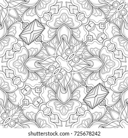 Monochrome Seamless Pattern with Mosaic Floral Motif. Endless Tribal Texture. Tile Background, Kaleidoscope. Coloring Book Page. Vector Contour Illustration. Abstract Mandala Art, Doodle Sketchy Style