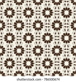 Monochrome seamless pattern with mosaic geometrical ornament composed of petals and swirls flat vector Illustration