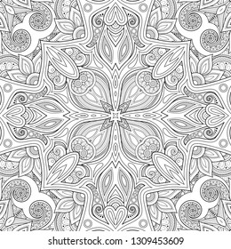 Monochrome Seamless Pattern with Mosaic Motif. Endless Floral Texture in Paisley Indian Style. Tile Ethnic Background. Coloring Book Page. Vector Contour Illustration. Abstract Mandala Art