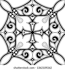 Monochrome Seamless Pattern with Mosaic Motif. Endless Floral Texture in Paisley Indian Style. Tile Ethnic Background. Simple Coloring Book Page. Vector Contour Illustration. Abstract Mandala Art