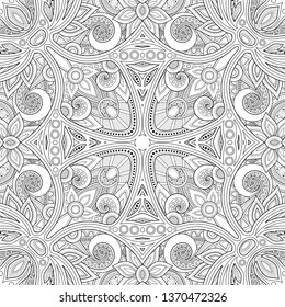 Monochrome Seamless Pattern with Mosaic Motif. Endless Floral Texture in Paisley Indian Style. Tile Ethnic Background. Coloring Book Page. Vector Contour Illustration. Abstract Mandala Art