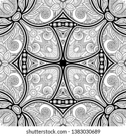 Monochrome Seamless Pattern with Mosaic Motif. Endless Floral Texture in Paisley Indian Style. Tile Ethnic Background. Coloring Book Page. Vector 3d Contour Illustration. Abstract Mandala Art