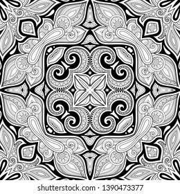 Monochrome Seamless Pattern with Mosaic Motif. Endless Floral Texture in Paisley Indian Style. Tile Ethnic Background. Coloring Book Page. Vector 3d Contour Illustration. Abstract Mandala Art