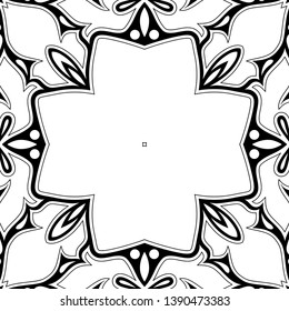 Monochrome Seamless Pattern with Mosaic Motif. Endless Floral Texture in Paisley Indian Style. Tile Ethnic Background. Simple Coloring Book Page. Vector Contour Illustration. Abstract Mandala Art