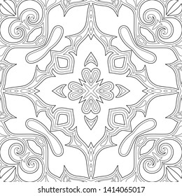 Monochrome Seamless Pattern with Mosaic Motif. Endless Floral Texture in Paisley Indian Style. Tile Ethnic Background. Simple Coloring Book Page. Vector Contour Illustration. Abstract Mandala Art