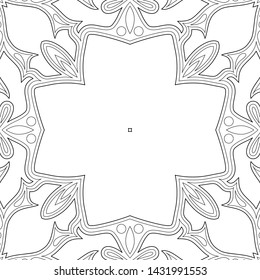 Monochrome Seamless Pattern with Mosaic Motif. Endless Floral Texture in Paisley Indian Style. Tile Ethnic Background. Simple Coloring Book Page. Vector Contour Illustration. Abstract Mandala Art