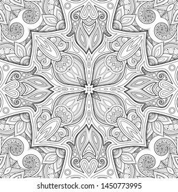 Monochrome Seamless Pattern with Mosaic Motif. Endless Floral Texture in Paisley Indian Style. Tile Ethnic Background. Coloring Book Page. Vector 3d Contour Illustration. Abstract Mandala Art