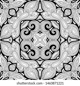 Monochrome Seamless Pattern with Mosaic Motif. Endless Floral Texture in Paisley Indian Style. Tile Ethnic Background. Coloring Book Page. Vector Contour Illustration. Abstract Mandala Art