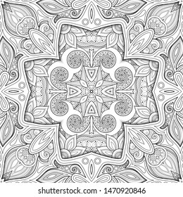 Monochrome Seamless Pattern with Mosaic Motif. Endless Floral Texture in Paisley Indian Style. Tile Ethnic Background. Coloring Book Page. Vector 3d Contour Illustration. Abstract Mandala Art
