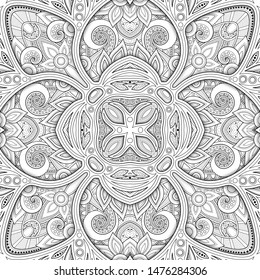 Monochrome Seamless Pattern with Mosaic Motif. Endless Floral Texture in Paisley Indian Style. Tile Ethnic Background. Coloring Book Page. Vector 3d Contour Illustration. Abstract Mandala Art