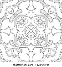 Monochrome Seamless Pattern with Mosaic Motif. Endless Floral Texture in Paisley Indian Style. Tile Ethnic Background. Simple Coloring Book Page. Vector Contour Illustration. Abstract Mandala Art