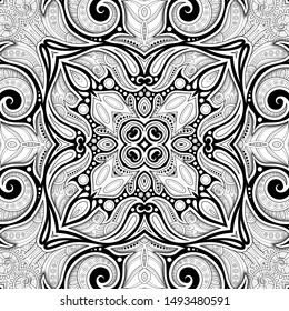 Monochrome Seamless Pattern with Mosaic Motif. Endless Floral Texture in Paisley Indian Style. Tile Ethnic Background. Coloring Book Page. Vector 3d Contour Illustration. Abstract Mandala Art