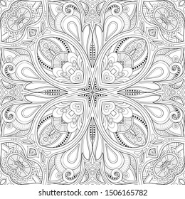 Monochrome Seamless Pattern with Mosaic Motif. Endless Floral Texture in Paisley Indian Style. Tile Ethnic Background. Coloring Book Page. Vector Contour Illustration. Abstract Mandala Art