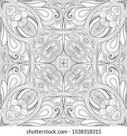 Monochrome Seamless Pattern with Mosaic Motif. Endless Floral Texture in Paisley Indian Style. Tile Ethnic Background. Coloring Book Page. Vector Contour Illustration. Abstract Mandala Art