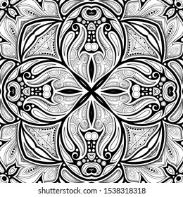 Monochrome Seamless Pattern with Mosaic Motif. Endless Floral Texture in Paisley Indian Style. Tile Ethnic Background. Coloring Book Page. Vector 3d Contour Illustration. Abstract Mandala Art
