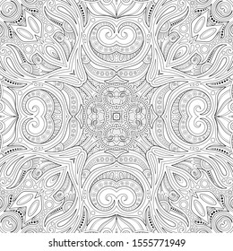 Monochrome Seamless Pattern with Mosaic Motif. Endless Floral Texture in Paisley Indian Style. Tile Ethnic Background. Coloring Book Page. Vector Contour Illustration. Abstract Mandala Art