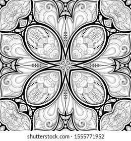 Monochrome Seamless Pattern with Mosaic Motif. Endless Floral Texture in Paisley Indian Style. Tile Ethnic Background. Coloring Book Page. Vector 3d Contour Illustration. Abstract Mandala Art