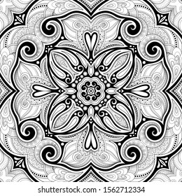 Monochrome Seamless Pattern with Mosaic Motif. Endless Floral Texture in Paisley Indian Style. Tile Ethnic Background. Coloring Book Page. Vector 3d Contour Illustration. Abstract Mandala Art
