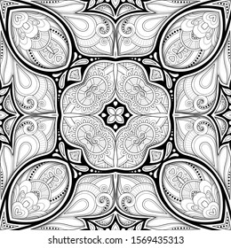 Monochrome Seamless Pattern with Mosaic Motif. Endless Floral Texture in Paisley Indian Style. Tile Ethnic Background. Coloring Book Page. Vector 3d Contour Illustration. Abstract Mandala Art