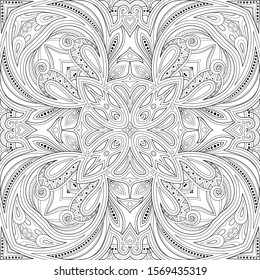 Monochrome Seamless Pattern with Mosaic Motif. Endless Floral Texture in Paisley Indian Style. Tile Ethnic Background. Coloring Book Page. Vector Contour Illustration. Abstract Mandala Art