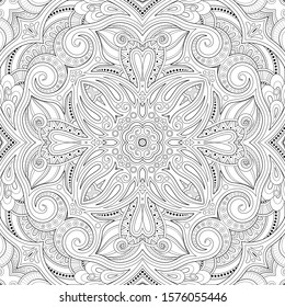 Monochrome Seamless Pattern with Mosaic Motif. Endless Floral Texture in Paisley Indian Style. Tile Ethnic Background. Coloring Book Page. Vector Contour Illustration. Abstract Mandala Art