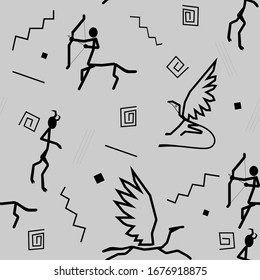 Monochrome seamless pattern with mythological creatures.