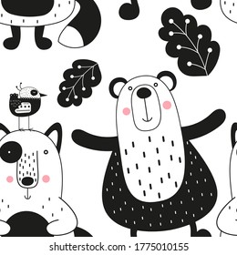 Monochrome seamless pattern for nursery decor, babe apparel, package. Woodland animals - bear, fox, bird on white background. Vector illustration. Pattern is cut, no clipping mask.