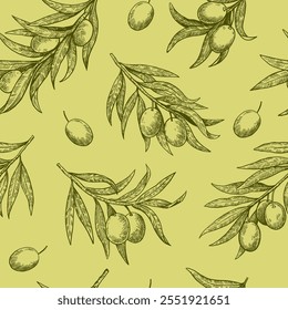 Monochrome seamless pattern of olive branches in engraving style. Hand-drawn vector illustration for design and decor.