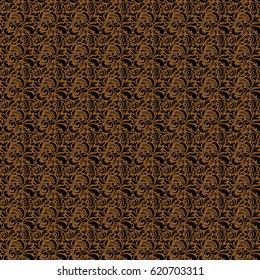 Monochrome seamless pattern on a brown background. Decorative symmetry arabesque. Good for greeting card for birthday, invitation or banner. Medieval doodle royal pattern. Vector illustration.
