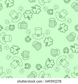 Monochrome seamless pattern on St. Patrick's Day theme, green cylinder hat, lucky horseshoe, magic shamrock, mug tankard on white background, green wrapping cloth pattern.