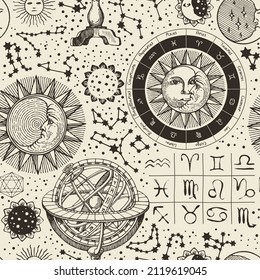 Monochrome seamless pattern on the topic of horoscopes and zodiacs in vintage style. Vector background with hand-drawn sun, moon, stars, constellations and astrological signs on an old paper backdrop