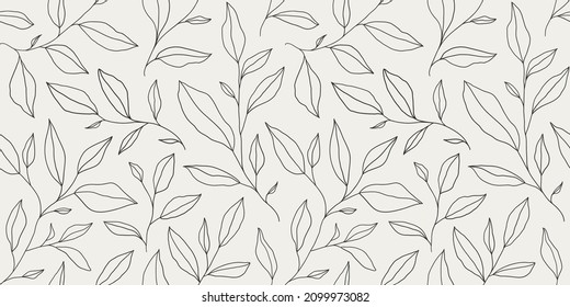 Patrón monocromo sin soldadura con hojas de una línea. Fondo vectorial floral en un estilo lineal minimalista moderno. Diseño de esquema dibujado a mano para tela, impresión, cubierta, banner e invitación.