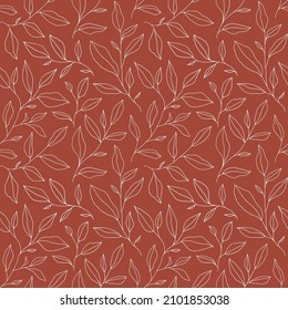 Monochrome seamless pattern with one line leaves. Vector floral background in trendy minimalistic linear style. Hand drawn outline design for fabric , print, cover, banner and invitation.