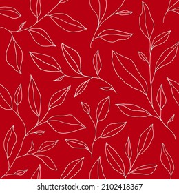 Monochrome seamless pattern with one line leaves. Vector floral background in trendy minimalistic linear style. Hand drawn outline design for fabric , print, cover, banner and invitation.