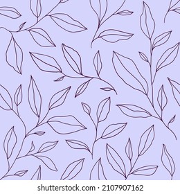 Monochrome seamless pattern with one line leaves. Vector floral background in trendy minimalistic linear style. Hand drawn outline design for fabric , print, cover, banner and invitation.