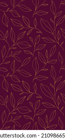 Monochrome seamless pattern with one line leaves. Vector floral background in trendy minimalistic linear style. Hand drawn outline design for fabric , print, cover, banner and invitation.