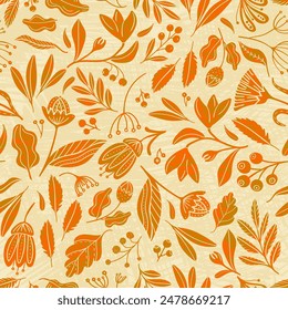 Patrón monocromo sin fisuras con hojas estilizadas de color naranja, flores y bayas sobre un fondo beige. Este Vector tiene un ambiente retro, folclórico, rústico con aliento de texturas modernas.